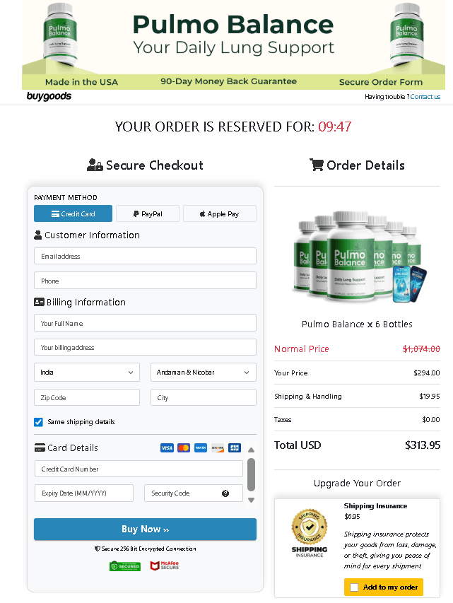 Pulmo Balance checkout page 
